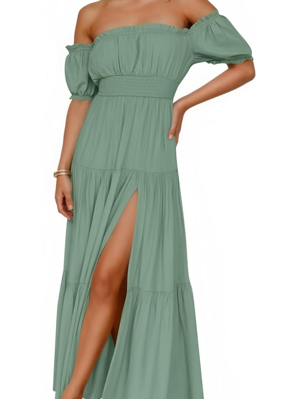 Women’s Boho Off Shoulder Green Maxi Dress NWT